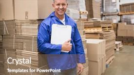  Presentation with worker abuse - PPT theme enhanced with logistics parcel delivery - smiling worker leaning on pile background and a  colored foreground