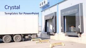  Presentation with logistics warehouse - Beautiful PPT theme featuring logistics platform - truck are loaded backdrop and a sky blue colored foreground