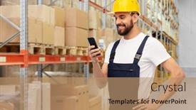  Presentation with logistics warehouse - PPT theme with logistics-profession-and-job-concept background and a coral colored foreground