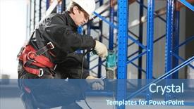  Presentation with power - Beautiful slide deck featuring logistics service - one warehouse worker in uniform backdrop and a ocean colored foreground