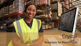  Presentation with logistics warehouse - Colorful slide set enhanced with logistics supply - woman with headset backdrop and a coral colored foreground