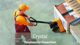  Presentation with pallet - Cool new PPT theme with logistics supply - worker with fork pallet truck backdrop and a gray colored foreground