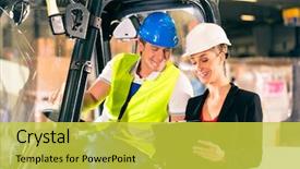  Presentation with logistics warehouse - Audience pleasing slides consisting of logistics transport - forklift driver and female super backdrop and a yellow colored foreground