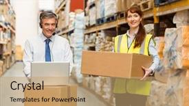  Presentation with logistics warehouse - Colorful theme enhanced with logistics transport - smiling warehouse manager using laptop backdrop and a  colored foreground