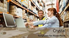  Presentation with logistics - Cool new PPT theme with logistics transport - warehouse worker and manager looking backdrop and a coral colored foreground