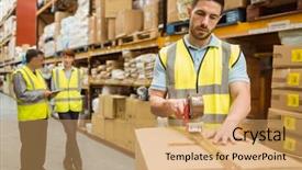  Presentation with fire disaster in a warehouse - PPT theme with logistics transport - warehouse workers preparing a shipment background and a coral colored foreground