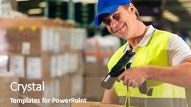  Presentation with barcode - Beautiful theme featuring logistics transport - warehouseman with protective vest backdrop and a coral colored foreground