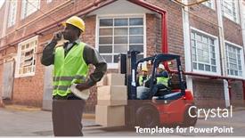  Presentation with warehouse logistics - Amazing PPT layouts having logistics-worker-with-forklift backdrop and a violet colored foreground
