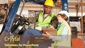  Presentation with logistics warehouse - Cool new slides with logistics workers with forklift backdrop and a tawny brown colored foreground