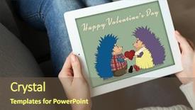  Presentation with tablet - PPT theme having logo s - female hand holding pc tablet background and a violet colored foreground