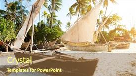  Presentation with ethnic - Beautiful presentation featuring primive wooden ethnic african boats with masts at a sandy beach palms nearby backdrop and a tawny brown colored foreground