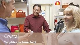  Presentation with credit card - Slide deck with lokking islands - happy middle aged couple paying background and a coral colored foreground