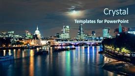  Presentation with urban buildings - Presentation design consisting of london cityscape with urban buildings and moon over thames river at night background and a ocean colored foreground