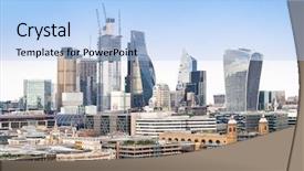  Presentation with panoramic london skyline iconic - Cool new PPT theme with london downtown cityscape skylines building backdrop and a light blue colored foreground
