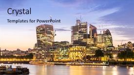  Presentation with panoramic london skyline iconic - Cool new PPT theme with london downtown cityscape skylines building backdrop and a light blue colored foreground