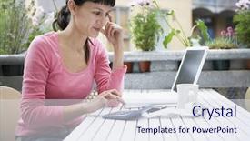  Presentation with desk - Beautiful PPT layouts featuring london finance - young businesswoman calculating expenses backdrop and a sky blue colored foreground