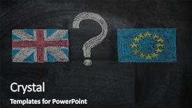  Presentation with united kingdom - Colorful presentation design enhanced with brexit flags of the united kingdom and the european union with question mark between drawn with white chalk on blackboard backdrop and a black colored foreground