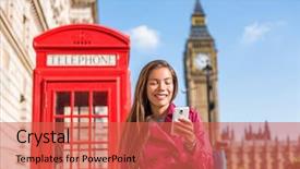 Presentation with telephone mobile - PPT theme with tower cellphone - london mobile phone businesswoman walking background and a red colored foreground