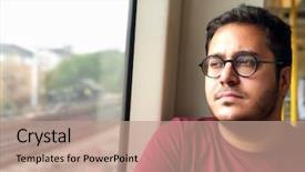  Presentation with person looking out in nature - Presentation theme having london tube - contemplative man looking background and a coral colored foreground