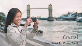  Presentation with phone tower - Beautiful presentation featuring london-woman-tourist-taking-photo backdrop and a light gray colored foreground