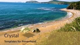  Presentation with camping - PPT theme having lone camping on desert beach background and a  colored foreground