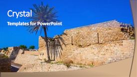  Presentation with ancient israel - Theme enhanced with lone palm tree growing on the rocks deep protective moat surrounding the ancient caesarea israel background and a cobalt blue colored foreground