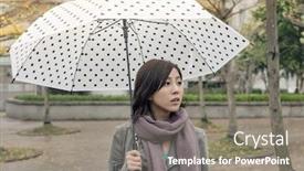  Presentation with lonely - Amazing presentation design having lonely asian woman holding an umbrella in city backdrop and a gray colored foreground