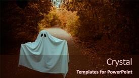  Presentation with white sheet - PPT theme enhanced with lonely ghost of a child under a white sheet stands on a deserted road in the forest halloween background and a wine colored foreground