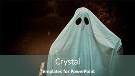  Presentation with ghost - Audience pleasing PPT theme consisting of lonely ghost of a child under a white sheet stands on a deserted road in the forest halloween backdrop and a ocean colored foreground
