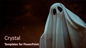  Presentation with white sheet - Cool new presentation design with lonely ghost of a child under a white sheet stands on a deserted road in the forest halloween copy space backdrop and a wine colored foreground