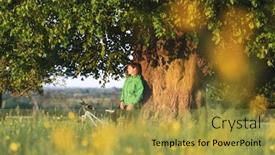  Presentation with green city - Colorful presentation enhanced with lonely-girl-sits-under backdrop and a gold colored foreground