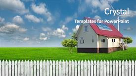  Presentation with green house - PPT theme consisting of lonely house on a beautiful green meadow background and a teal colored foreground