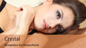  Presentation with sad woman lonely - Beautiful presentation design featuring lonely sad woman lying on floor near wall backdrop and a coral colored foreground