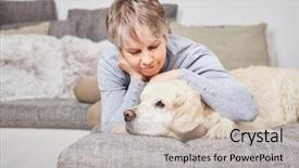  Presentation with therapy dog - Colorful slide deck enhanced with woman cuddles with dog pet backdrop and a soft green colored foreground