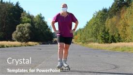  Presentation with infection prevention - PPT theme with lonely-woman-with-mask-rollerblading background and a gray colored foreground
