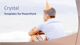  Presentation with lonely - Slide set with lonely young man in party hat sitting on beach background and a sky blue colored foreground