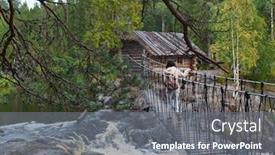  Presentation with forest bridge - PPT layouts consisting of lonely-young-woman-tourist-goes background and a gray colored foreground