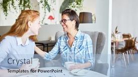  Presentation with women gathering - Presentation design featuring long-awaited gathering of best friends pretty young women chatting animatedly with each other while enjoying cappuccino at spacious cafe background and a light blue colored foreground