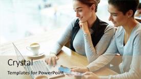  Presentation with woman gathering - PPT theme having long-awaited gathering of two female friends in lovely cafe pretty short-haired woman holding photos in hands and looking at laptop screen with interest her friend sitting next to her background and a coral colored foreground