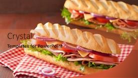 Presentation with sandwich - Audience pleasing PPT theme consisting of long baguette sandwich with ham cheese tomato lettuce backdrop and a red colored foreground