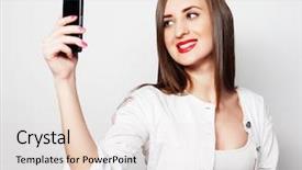  Presentation with phone - PPT theme consisting of long distance relationship - pretty young woman using mobile background and a sky blue colored foreground