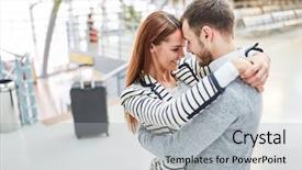  Presentation with airport terminal - PPT theme having long distance relationship - loving couple embraces each other background and a light gray colored foreground