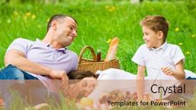  Presentation with green trees in park - Slide deck featuring long grass - family of three has picnic background and a coral colored foreground