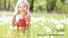  Presentation with summer flowers - Colorful presentation theme enhanced with long grass - happy laughing blond woman backdrop and a  colored foreground