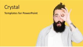  Presentation with one young man exercising handball - Amazing PPT theme having long hair beard and earrings backdrop and a yellow colored foreground