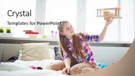  Presentation with wooden toy - Audience pleasing slide deck consisting of long-haired schoolgirl in pink checkered shirt playing with wooden airplane toy on bed in her room backdrop and a white colored foreground
