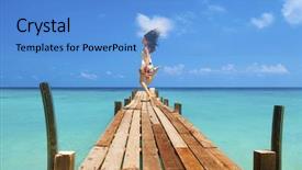  Presentation with pretty girl - Slide deck consisting of long island - pretty young girl is jumping background and a  colored foreground