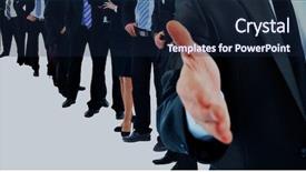  Presentation with hand shake - Slide deck enhanced with long lines people waiting - business group in a row background and a navy blue colored foreground