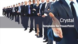 Presentation with shake hand - PPT theme featuring long lines people waiting - business group in a row background and a tawny brown colored foreground