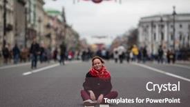  Presentation with street - Beautiful presentation theme featuring long lines people waiting - girl sitting on the middle backdrop and a  colored foreground